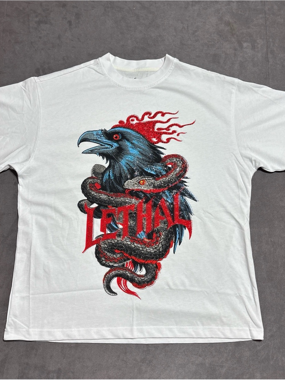 Heads Or Tails Rhinestone T-Shirt Mens L White Lethal Bird Snake Graphic Tee